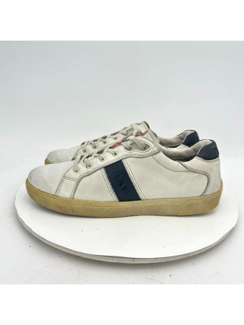 Prada Women Size EU 38.5 US 8.5 White Leather Black Logo Embossed Low Top Shoes